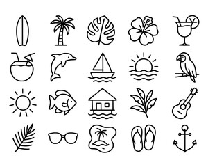 Obraz premium Icon set, tropical theme, with outline design