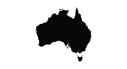 A stark black silhouette of the australian continent against a plain white background emphasizing its landmass silhouette high quality © Nupur02