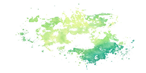 A grunge watercolor design featuring green paint and ink splashes with liquid splatters and stains on a white paper texture pattern for an artistic nature leaf wallpaper illustration