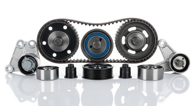 Car engine timing belt and components on a white surface