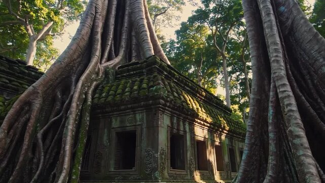 A cinematic view of a weathered stone temple structure partially consumed by massive tropical tree roots in a dense forest. This scene captures a mysterious, historical atmosphere reminiscent of lost 