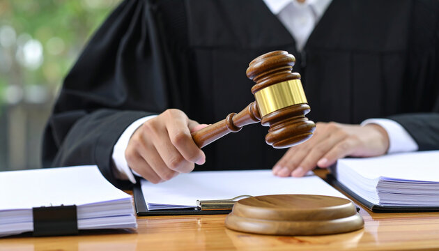 Primer plano de la mano de un  juez con toga negra sosteniendo un mazo sobre la mesa del tribunal en juicio, concepto de justicia, ley, sistema judicial, autoridad legal, veredicto, tribunal