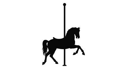 A striking black silhouette of a carousel horse stands prominently against a clean white background silhouette high quality professional