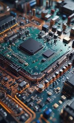 Fototapeta premium Circuit board with various electronic components, gadgets, processors, circuit boards