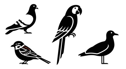 Black Silhouette Collection of Diverse Birds: Pigeon, Parrot, Sparrow, Seagull