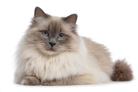 A captivating portrait of a Birman cat, this feline exhibits the characteristic pointed coat pattern and mesmerizing blue eyes, while posing gracefully.