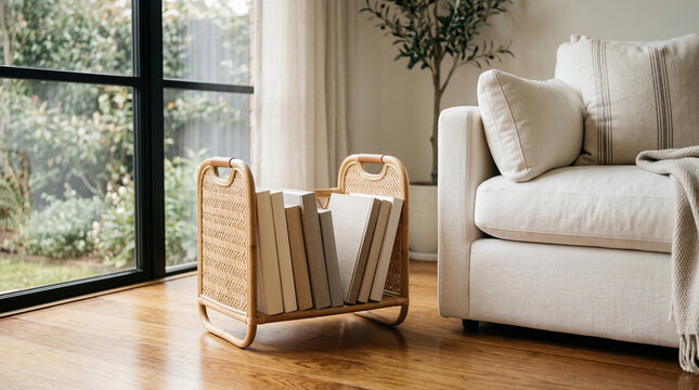Cozy Living Room Serenity: A warmly lit living space invites relaxation, with natural light pouring through a large window, illuminating a rattan magazine rack filled with books and a plush sofa.