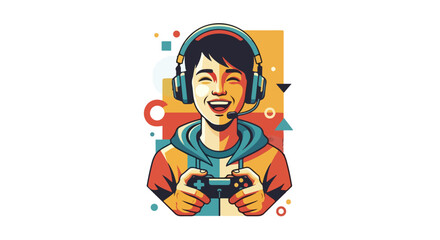 Young person playing video games with headset controller vector illustration © putri