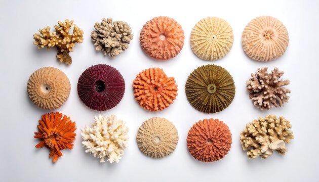 Varied coral and sea urchin shells arranged on a clean white surface in a neat grid-like composition