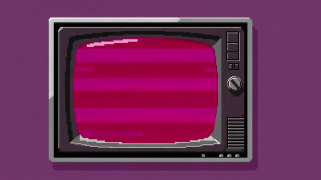 A retro pixel art television set displaying purple static signal glitch noise on its screen. Perfect for synthwave music videos, retro gaming overlays, stream background loops, cyber aesthetic motion 