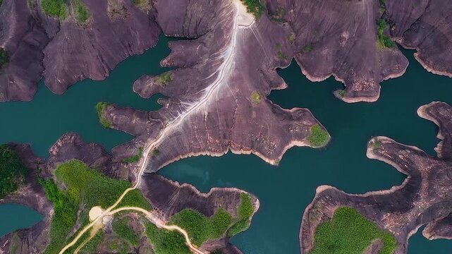 Danxia Landform Aerial View with Turquoise Lakes and Red Rock Formations