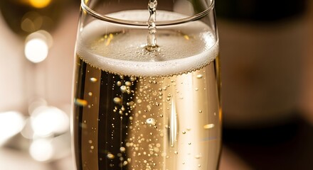 Close-up shot of effervescent liquid pouring into a champagne flute, bubbles rising