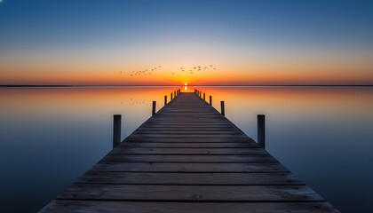 Fototapeta premium Wooden dock on calm lake at serene sunset