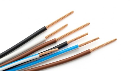 Close-up detail of various colored electrical wires with stripped copper ends, ready for connection, symbolizing power, energy, and electronic circuits