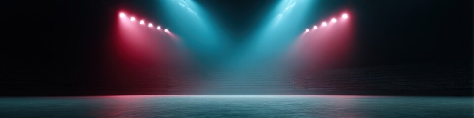Naklejka premium Stage spotlight blue red haze empty arena beam lighting concert floor dark mood