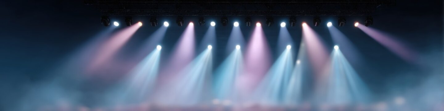 Empty concert stage with colorful spotlights and atmospheric fog at night panoramic view of illuminated performance stage