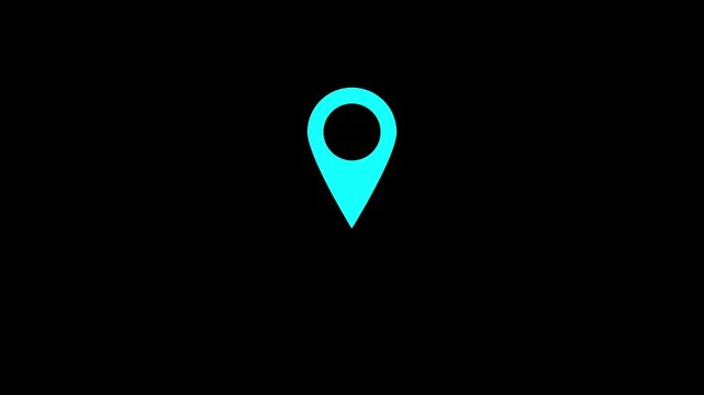 A teal location pin icon isolated on a stark black background