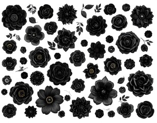 Naklejka premium Variety of black floral elements scattered on a white backdrop. Intricate and stark contrast defines each bloom