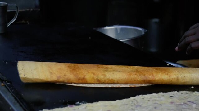 South Indian Dosa Cooking on Hot Tawa Street Food Preparation Close Up
