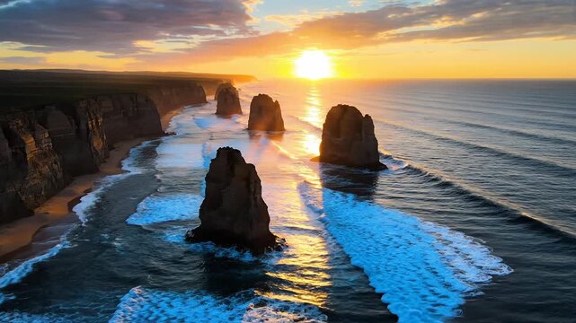 Dramatic sunset over iconic sea stacks and rugged coastline with crashing waves