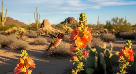 Fototapeta premium Desert Landscape with Cactus Flowers and Hummingbird.