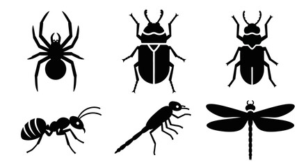 Insect and Bug Silhouettes Set: Spider, Beetles, Ant, Dragonfly Icons