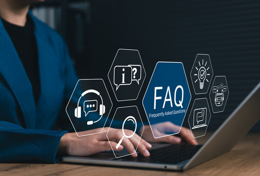 FAQ, Frequently Asked Questions Support Concept. Person using laptop with icon related to search, information, chat, customer service, support represent online help, user assistance, helpdesk, Q and A