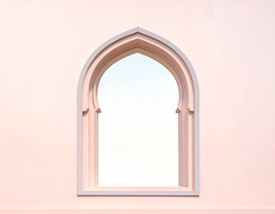 Fototapeta premium Ornate arch window frames a bright, clear sky against pastel wall