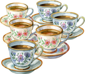 Charming watercolor illustration featuring a collection of elegant vintage teacups and saucers. Each cup is adorned with delicate floral patterns in pink and purple hues, filled with warm tea.