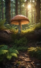 Fototapeta premium Dense foliage surrounds a lone glowing mushroom on forest floor, bathed in warm sunlight filtering through canopy, trees, undergrowth, leafy