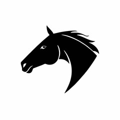 Simbol kepala kuda elegan dalam siluet hitam bersih dengan surai yang mengalir, logo vektor minimalis yang cocok untuk branding olahraga berkuda, identitas peternakan, logo merek mewah, dan ilustrasi 