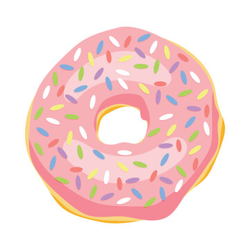 Flat vector illustration pink, strawberry glazed donut with sprinkles, cute dessert with bite mark isolated on white background for menu and food blog design.