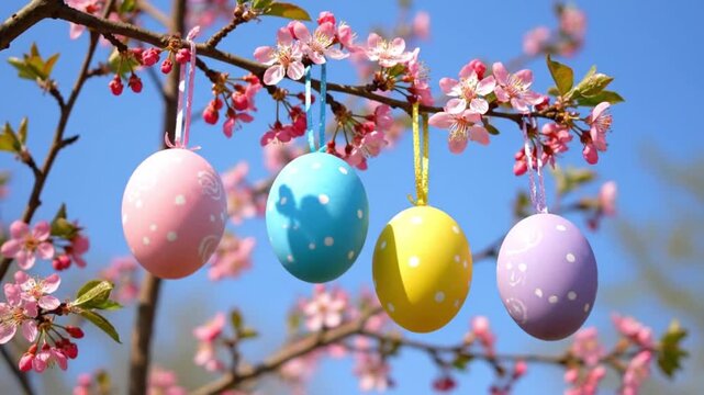 Colorful Easter eggs hanging on blooming cherry blossom branches against a clear blue sky background.