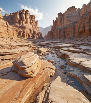 Distant landscape with layered rock formations of sandstone, shale and limestone, eroded by wind and water,  geological formation,  nature,  geology