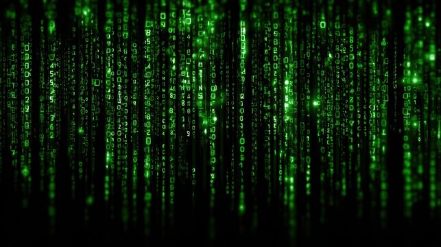 Green matrix style digital code on dark background. Programming and cyber technology concept.