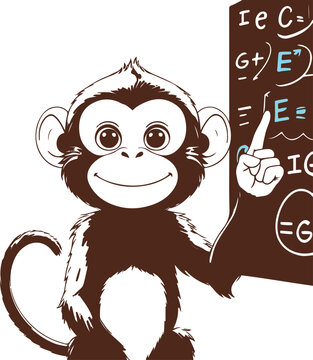 Monkey scientist looking through microscope in a laboratory, bold thick black clean outline, minimalist vector sticker, white background
