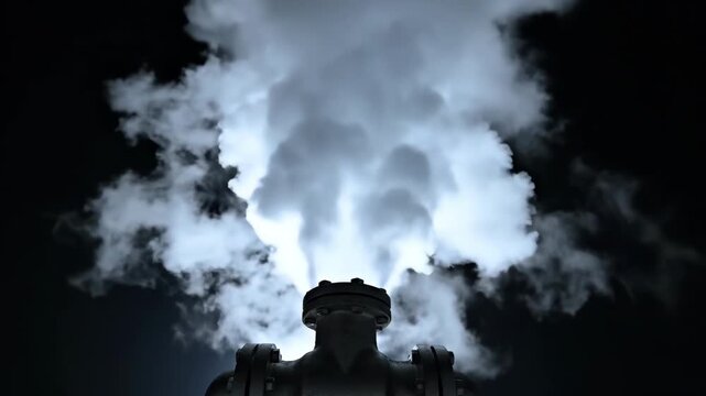 Billowing industrial steam from a pressure valve at night