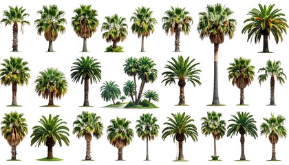 Fototapeta premium Various palm trees isolated on a white background, showcasing different shapes and sizes of palms