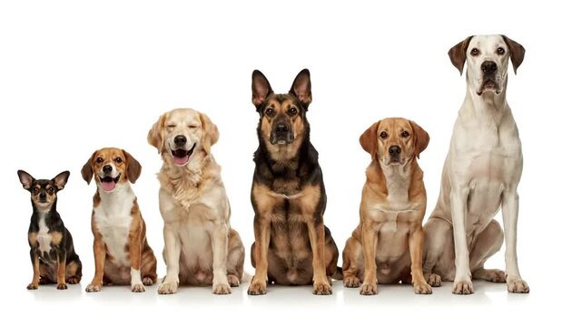 Six diverse dogs of varying sizes sitting on white background