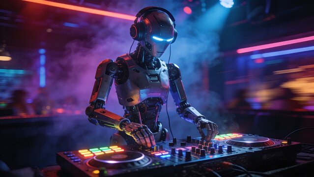 A robot DJ is mixing music on stage in a nightclub.