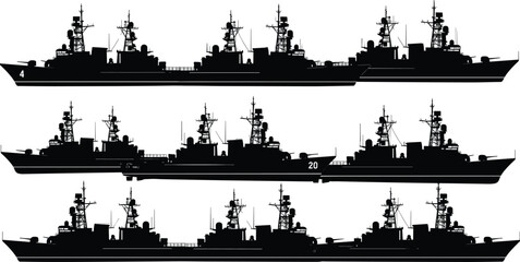 Naval warship destroyer silhouette collection military navy combat ships side view maritime defense fleet vessels illustration set © MstMohasana