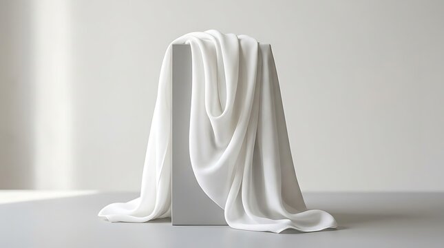 Elegant White Fabric Draped Over Pedestal for Ramadan MockUp Display with Soft Lighting