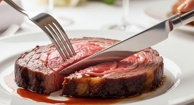 Succulent prime rib steak sliced with fork and knife on white plate with sauce close-up fine dining meal perfect for National Prime Rib Day