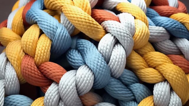Ropes of different colors are braided together in a close-up view. The focus is on the hands weaving the strands together. Various angles show the process.