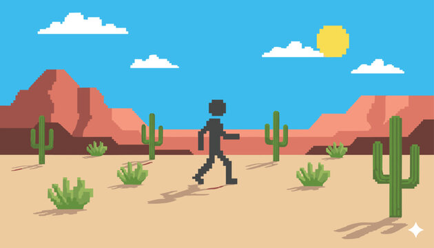 Pixel art desert landscape with lone traveler walking among cacti, shrubs, and red rock formations under bright blue sky with sunlit clouds, stylized retro illustration