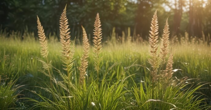 Foxtail grass with sunlight filtering through leaves, sunbeams, meadow, foliage