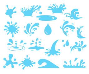 Fototapeta premium Water splash shapes with droplets. Ink splatter silhouette, paint spill, flowing fluid and liquid blots. Dynamic burst splashes hand drawn isolated set