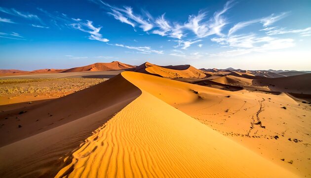 Vast desert landscape shows rolling sand dunes under a bright blue sky with wispy white clouds