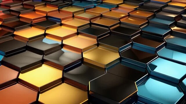 This cinematic piece shows hexagonal patterns shifting in colors like blue, gold, and black. The shapes create an engaging visual display on a flat surface.