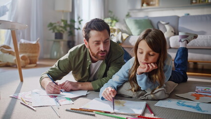 Father daughter drawing pencils involved art hobby closeup. Smiling man girl